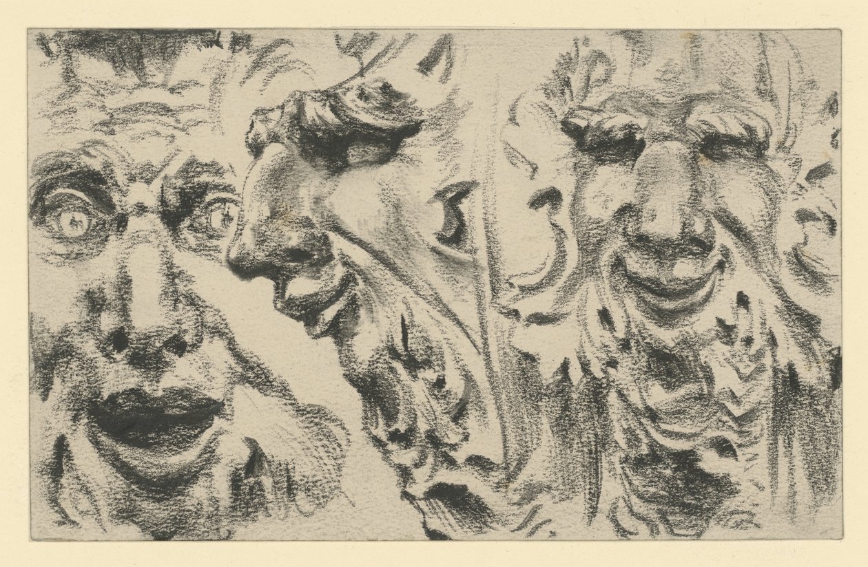Two Faun Masks in the Zwinger in Dresden by Adolph Menzel