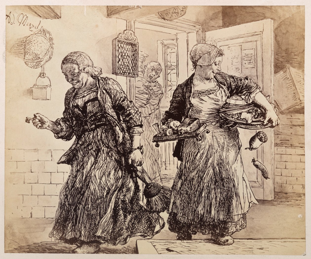 Two Maids Laughing with Serving Trays, Bowls, etc. Forward. The Village Judge, Handling a Stack of Files in the Back Room, Scolds Them, to Heinrich von Kleist "The Broken Jug" by Adolph Menzel