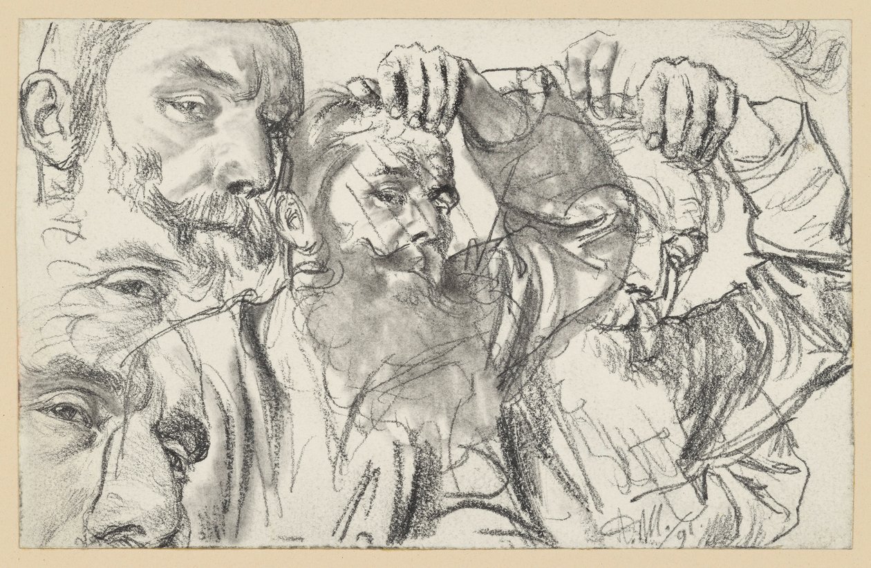 Two Studies of a Bearded Man Touching His Forehead with His Left Hand, Face Repeated Twice by Adolph Menzel