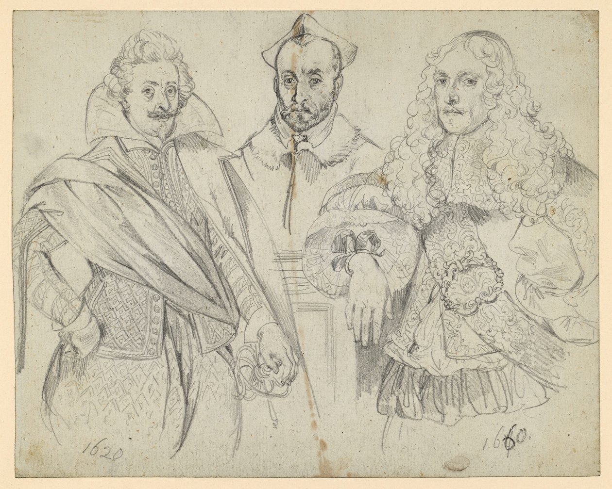 Two Dignitaries from 1620 and 1660, in the Middle a Cardinal. Copies of Historical Representations by Adolph Menzel