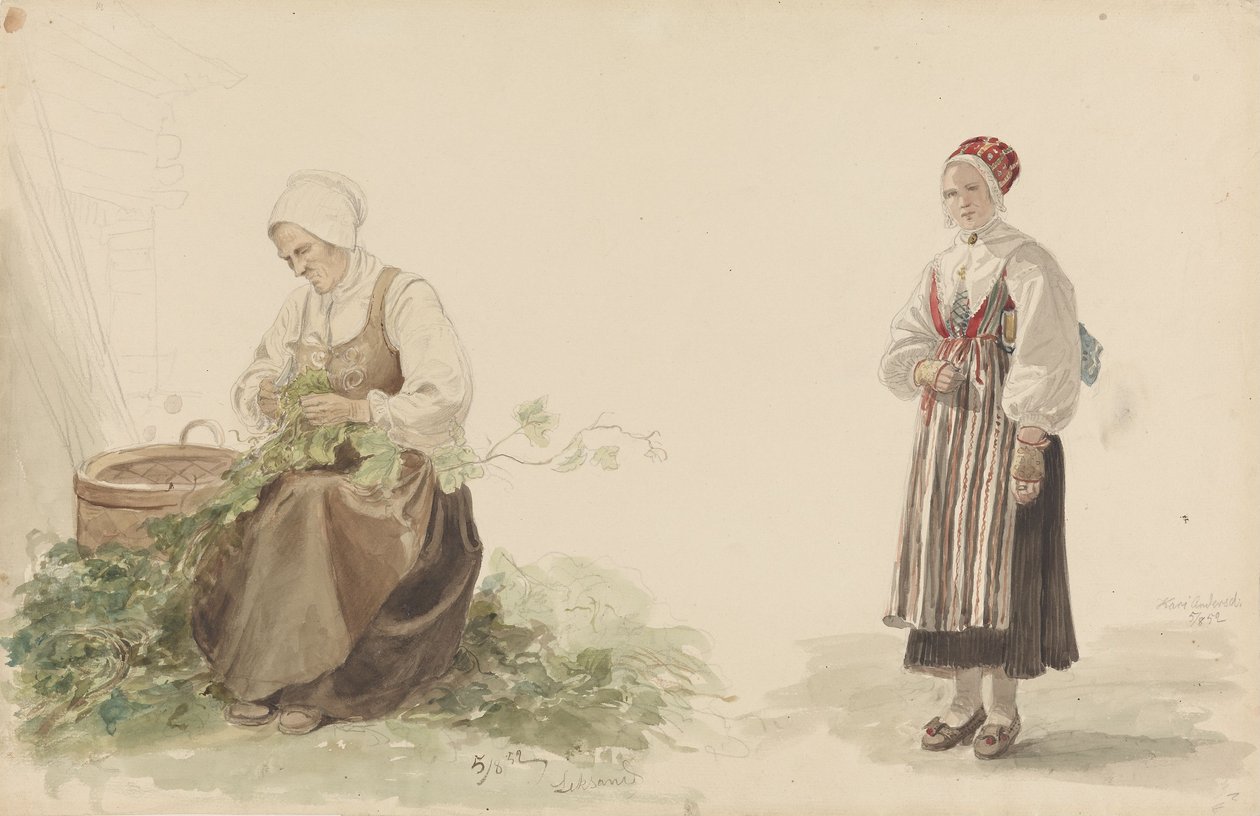 Woman Picking Oak Leaves and Kari Andersdatter by Adolph Tidemand
