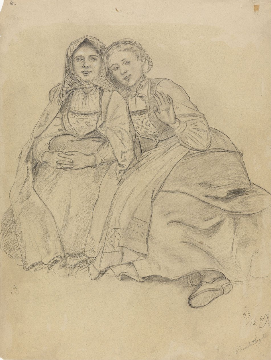 Two Seated Girls in Bunad Dress by Adolph Tidemand