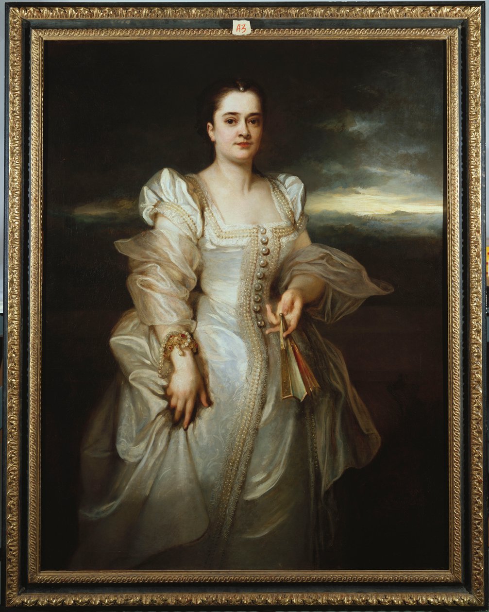Portrait of a Lady wearing a White Dress embroidered with Pearls by Adolphe Joseph Thomas Monticelli