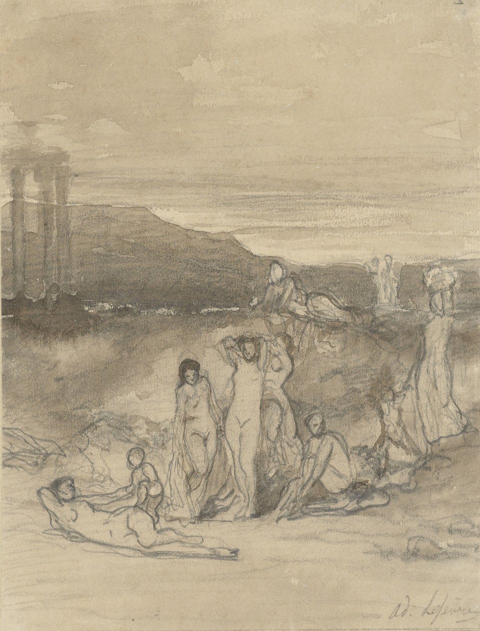 Classical Landscape with Reclining, Standing, and Sitting Nude Figures and a Temple Ruin by Adolphe René Lefèvre