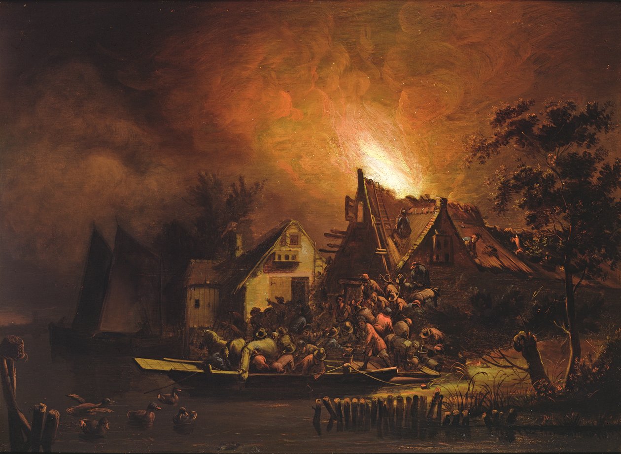 Villagers Struggling to Put Out a Cottage Fire by Adriaen Lievensz van der Poel