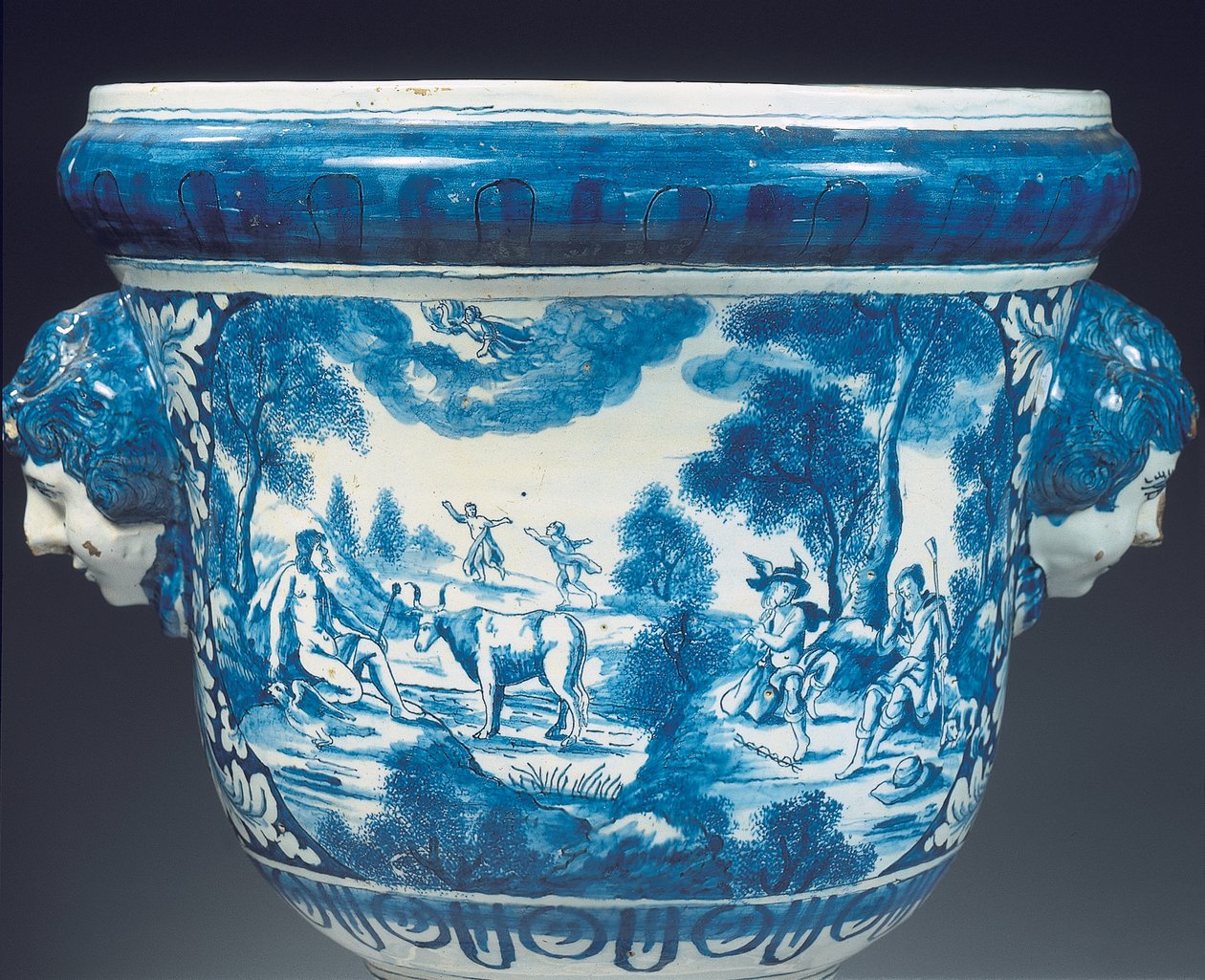 Reverse detail of large Delft blue and white mythological garden urn in the Baroque style by Adriaen (fl.1868-d.1701) (attr.to) Kocks