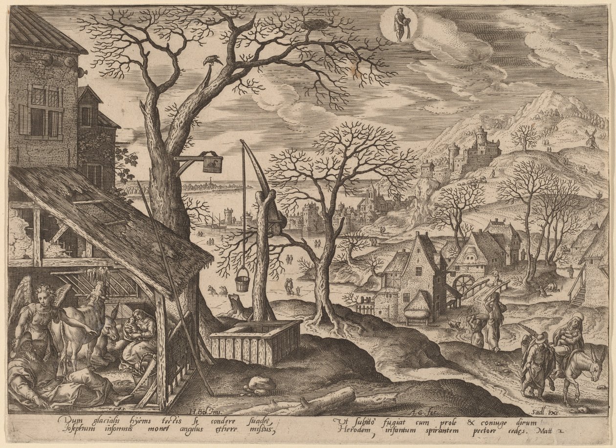 The Angel Telling Joseph to Flee and the Flight into Egypt by Adriaen Collaert after Hans Bol