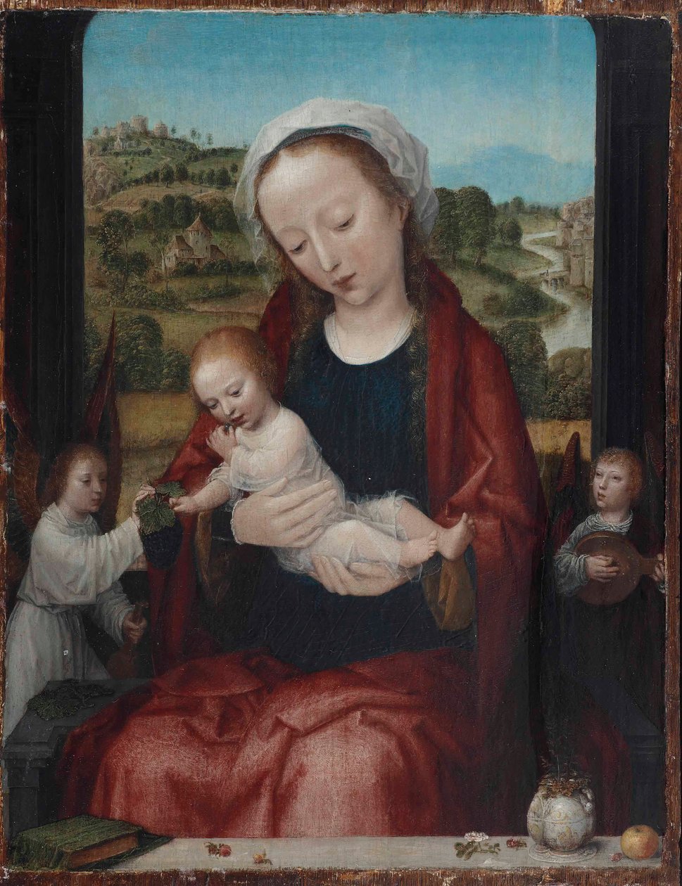 The Virgin and Child Enthroned, Attended by Angels, Before an Open Window by Adriaen Isenbrandt