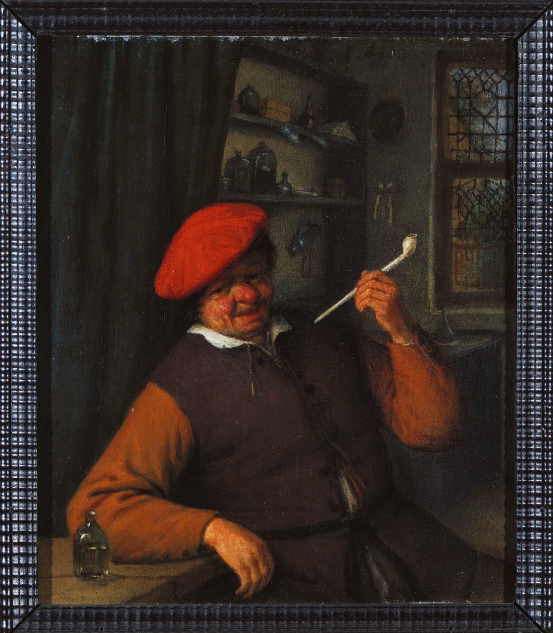 A Peasant in a Red Beret Smoking a Pipe, in an Interior by Adriaen Jansz. van Ostade