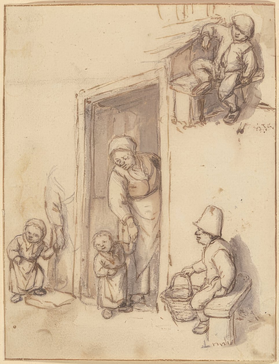 Study Sheet with a Mother and Her Daughter at the Door, Two Seated Boys. 1660s by Adriaen Jansz. van Ostade