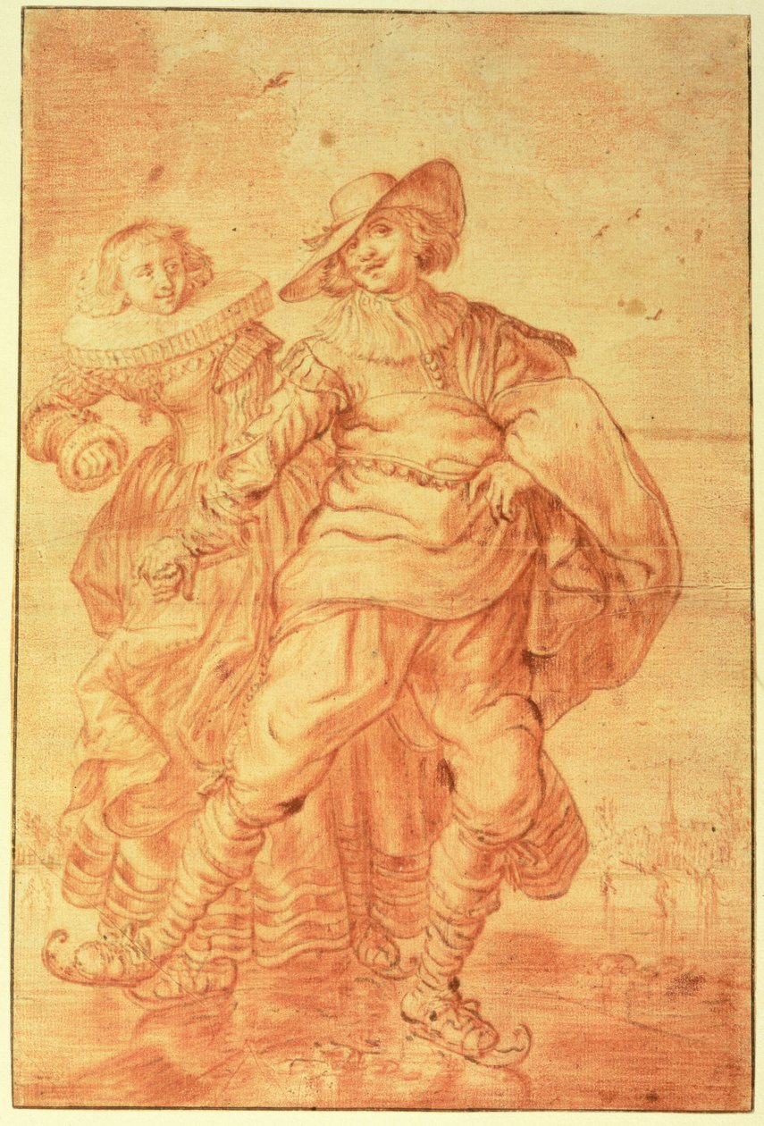A Lady and Gentleman Skating on Ice by Adriaen Pietersz van de Venne