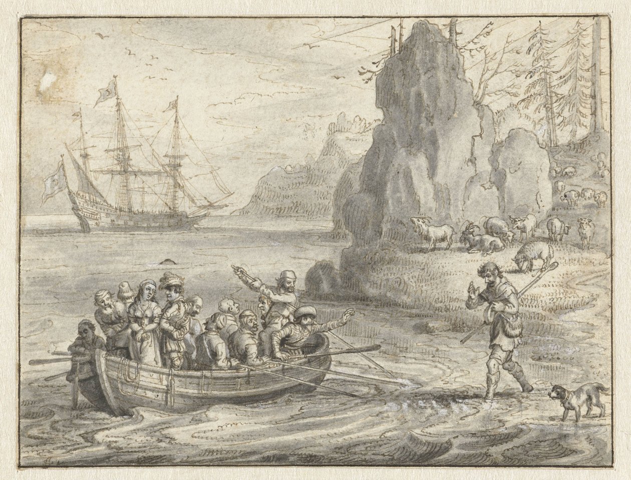 Celadon Begging Pirates to Take Him Along with His Abducted Wife, Galatea by Adriaen Pietersz van de Venne
