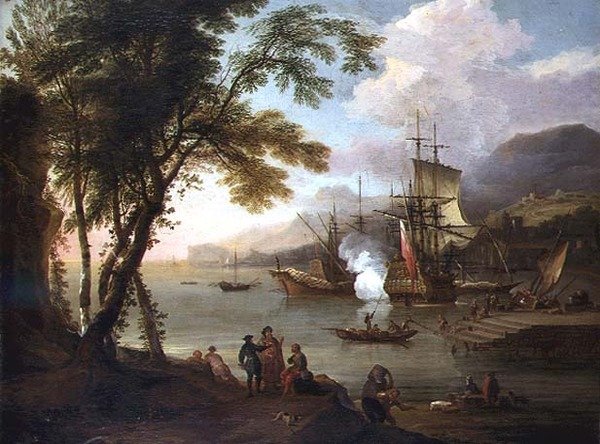 A Capriccio of a Mediterranean Harbour with Shipping, Merchants and Dockhands by Adriaen van Diest
