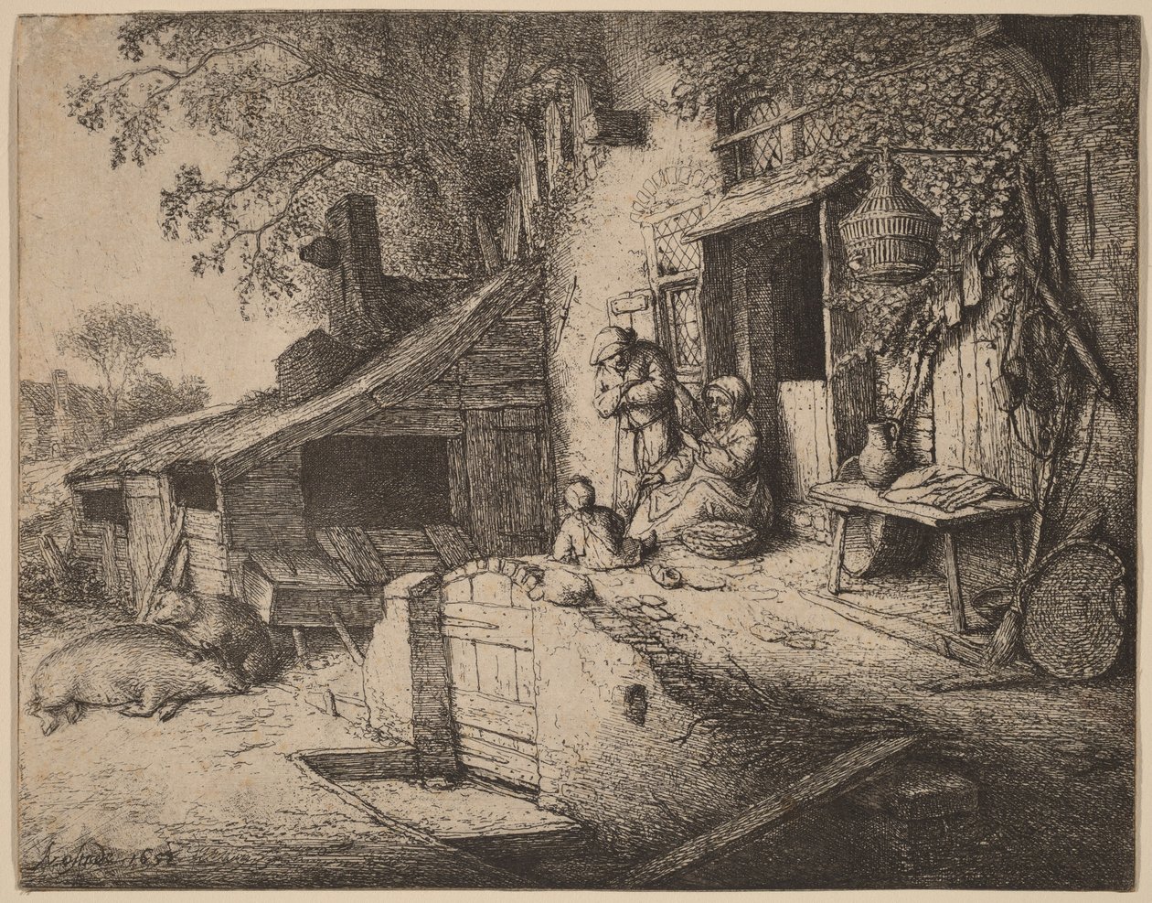 Farmstead with a Peasant Family Outside the Front Door, the Woman Spinning by Adriaen van Ostade