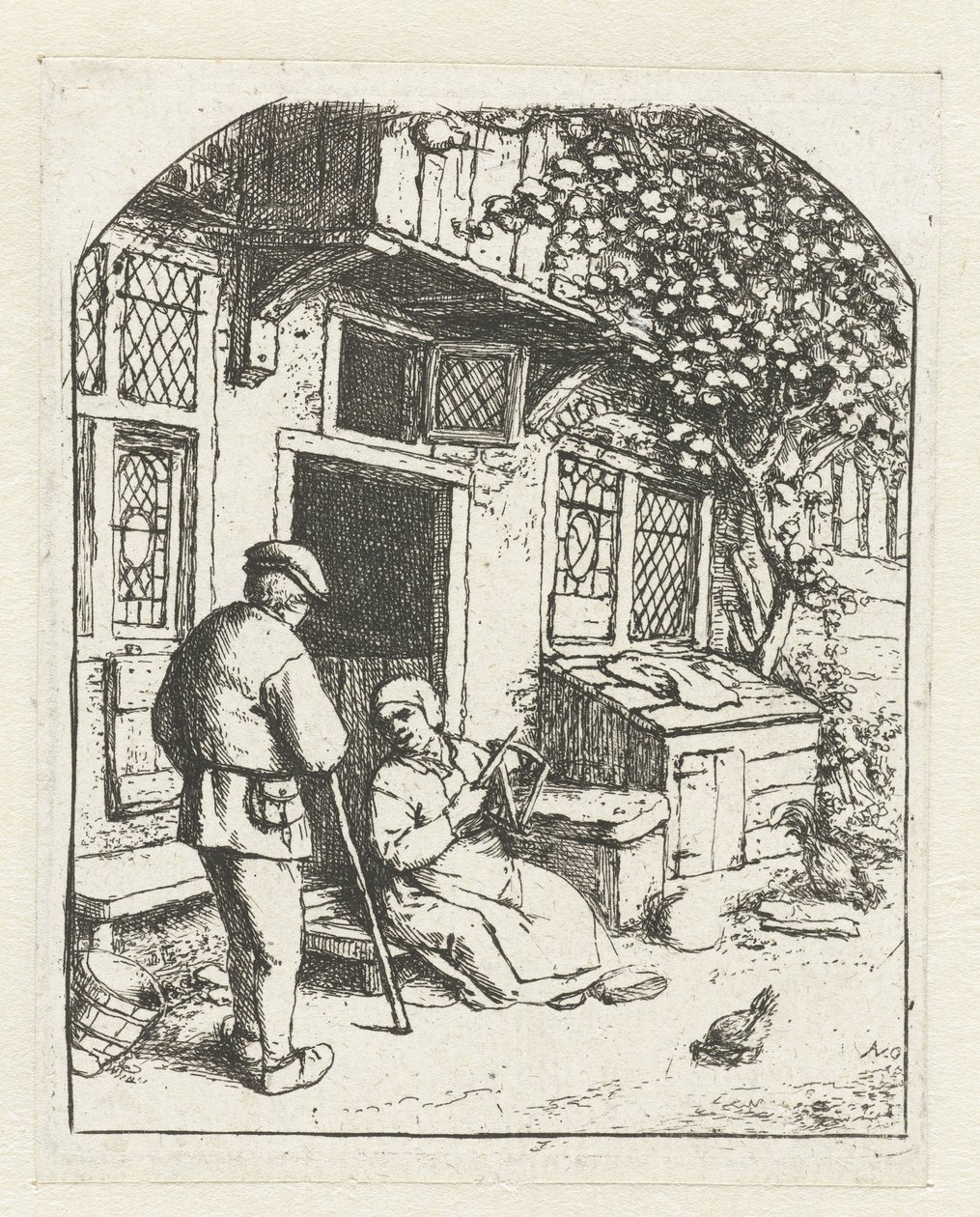 Spinner Sitting on the Threshold of a House Talking to a Man (The Spinner at the Door of the House) by Adriaen van Ostade