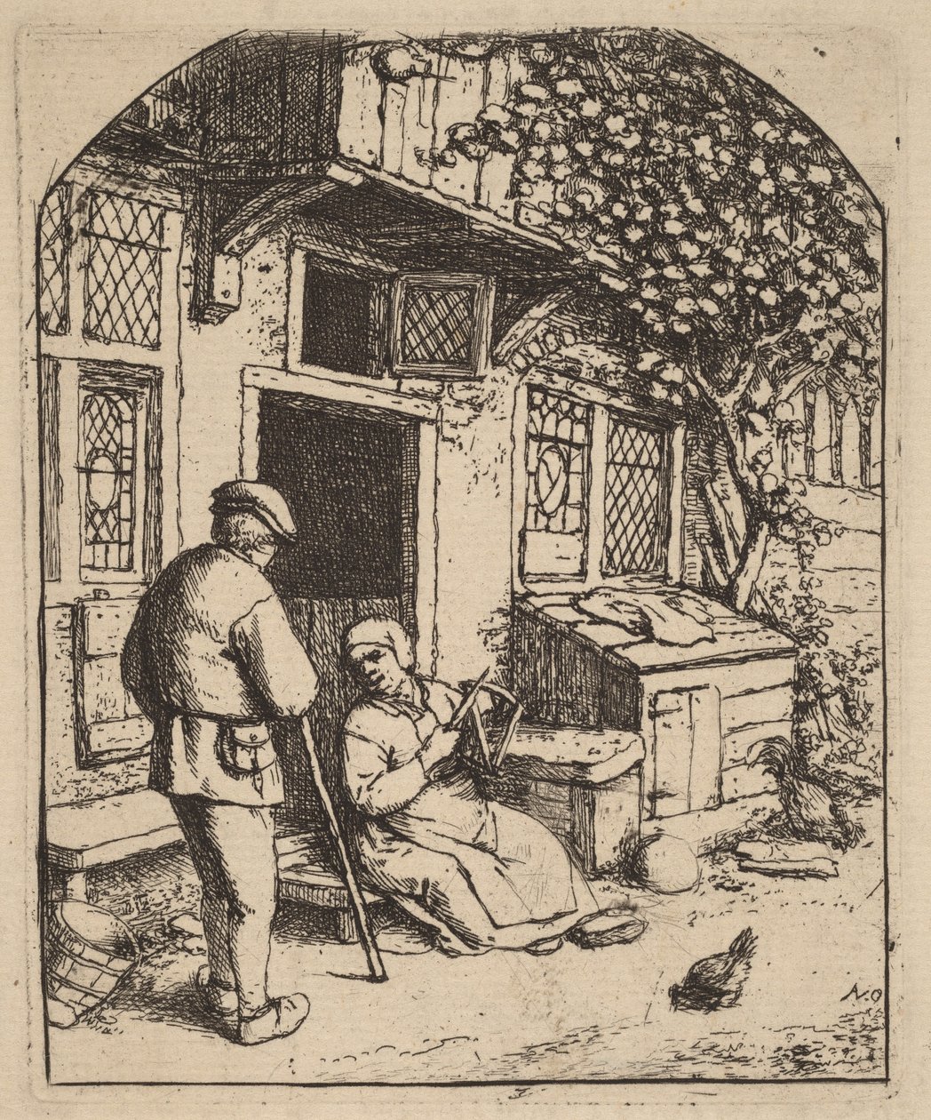 Two Peasants Outside a House, the Woman Winding Wool by Adriaen van Ostade