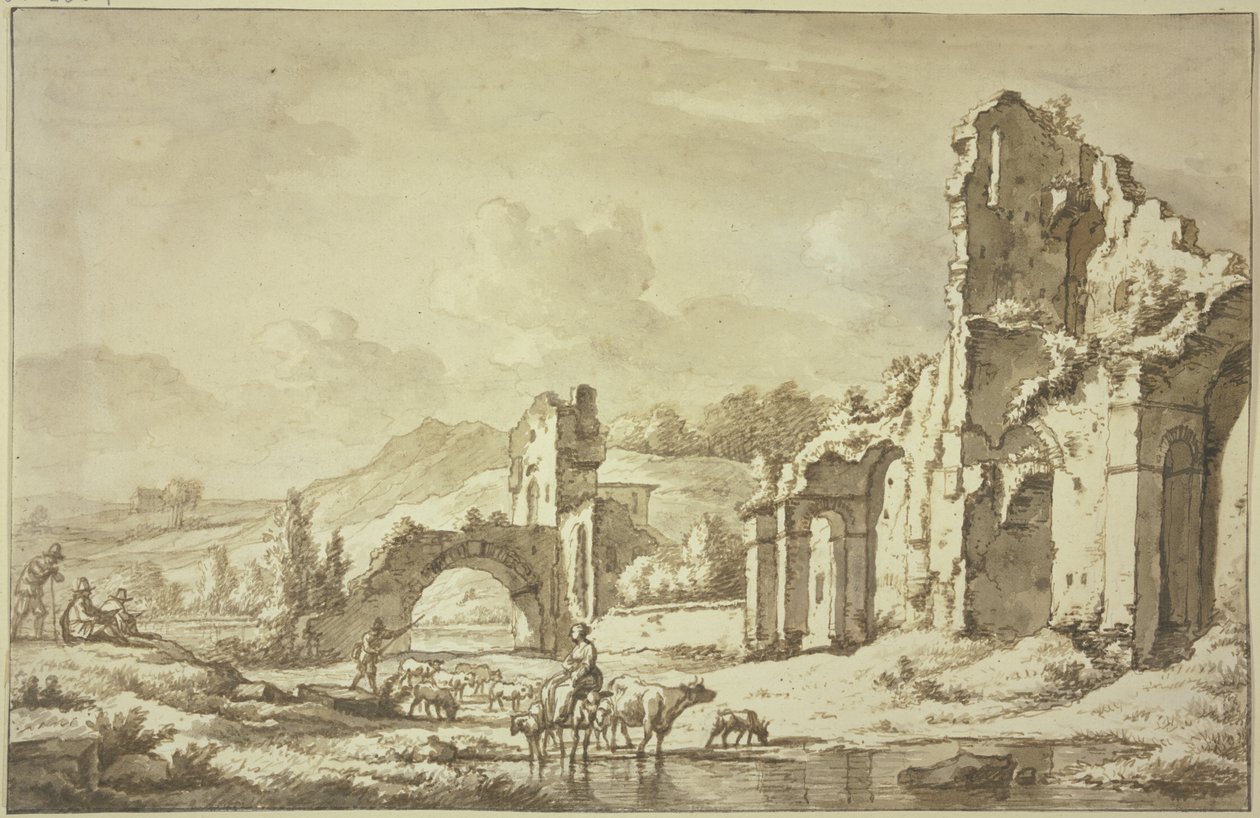 Landscape with Roman Ruins, a Shepherdess Riding with the Herd through Water, Two Painters on the Left by Adriaen van de Velde