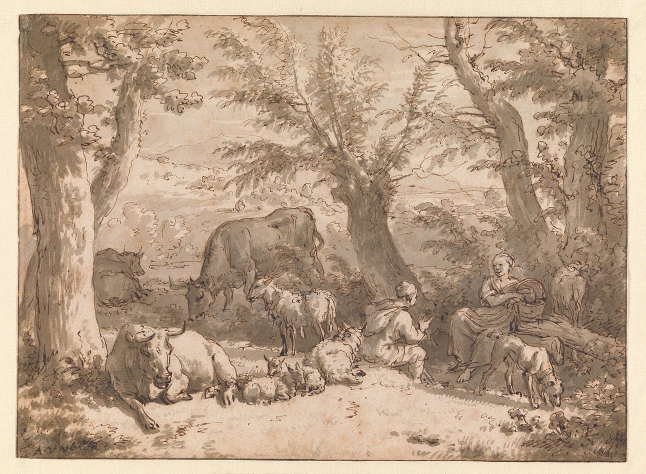 Landscape with Shepherd and Shepherdess and Cattle by Adriaen van de Velde