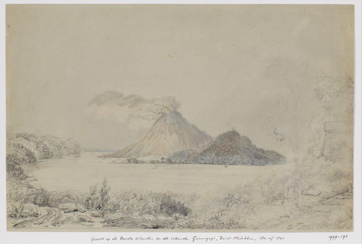 View from Lontar on Banda Neira and Smoking Gunungapi, Banda Islands, Central Moluccas by Adrianus Johannes Bik