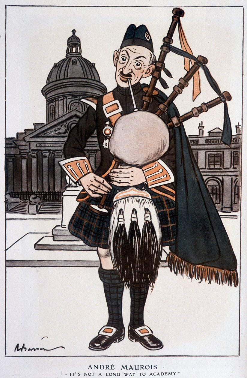 Cartoon in Academician by André Maurois (pseudonym of Emile Herzog), French novelist, essayist and historian (1885-1967) - by Barrère, in Fantasio of 15/04/1929 by Adrien Barrere