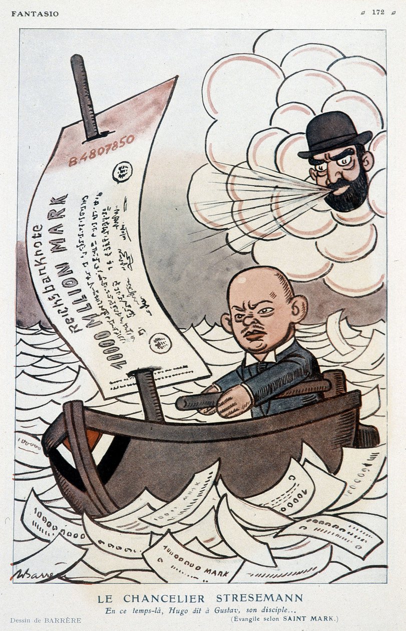Cartoon on the German Chancellor Gustav Stresemann and the Devaluation of the Mark - Illustration by Adrien Barrere in 
