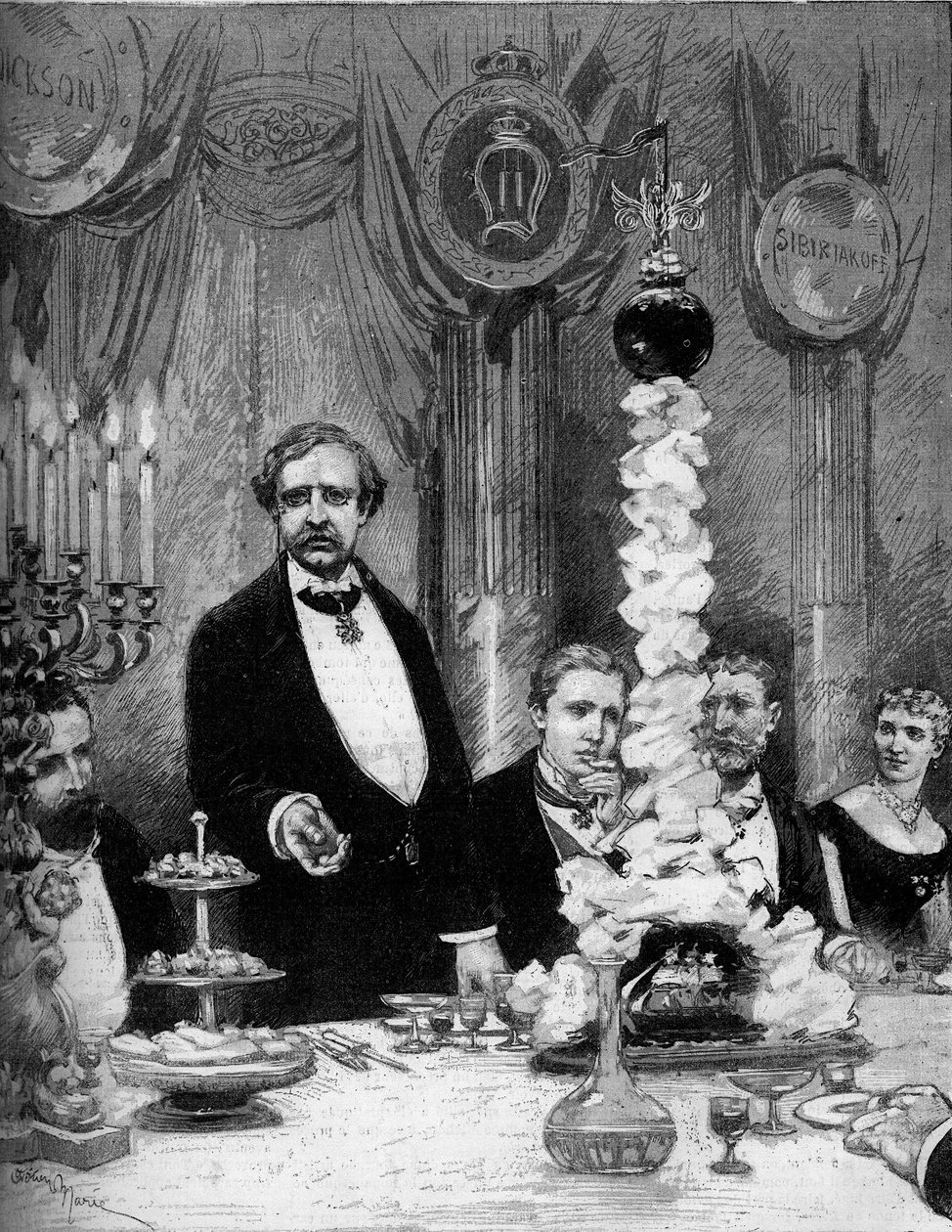 Banquet given by the Scandinavian colony of Paris in honor of the explorer Nils Adolf Erik Baron Nordenskjold (1832-1901) at the Hotel Continental. Present are: Count Kapnitz, Professor Nordenskjold, Prince Oscar of Sweden (1859-1953) by Adrien Emmanuel Marie