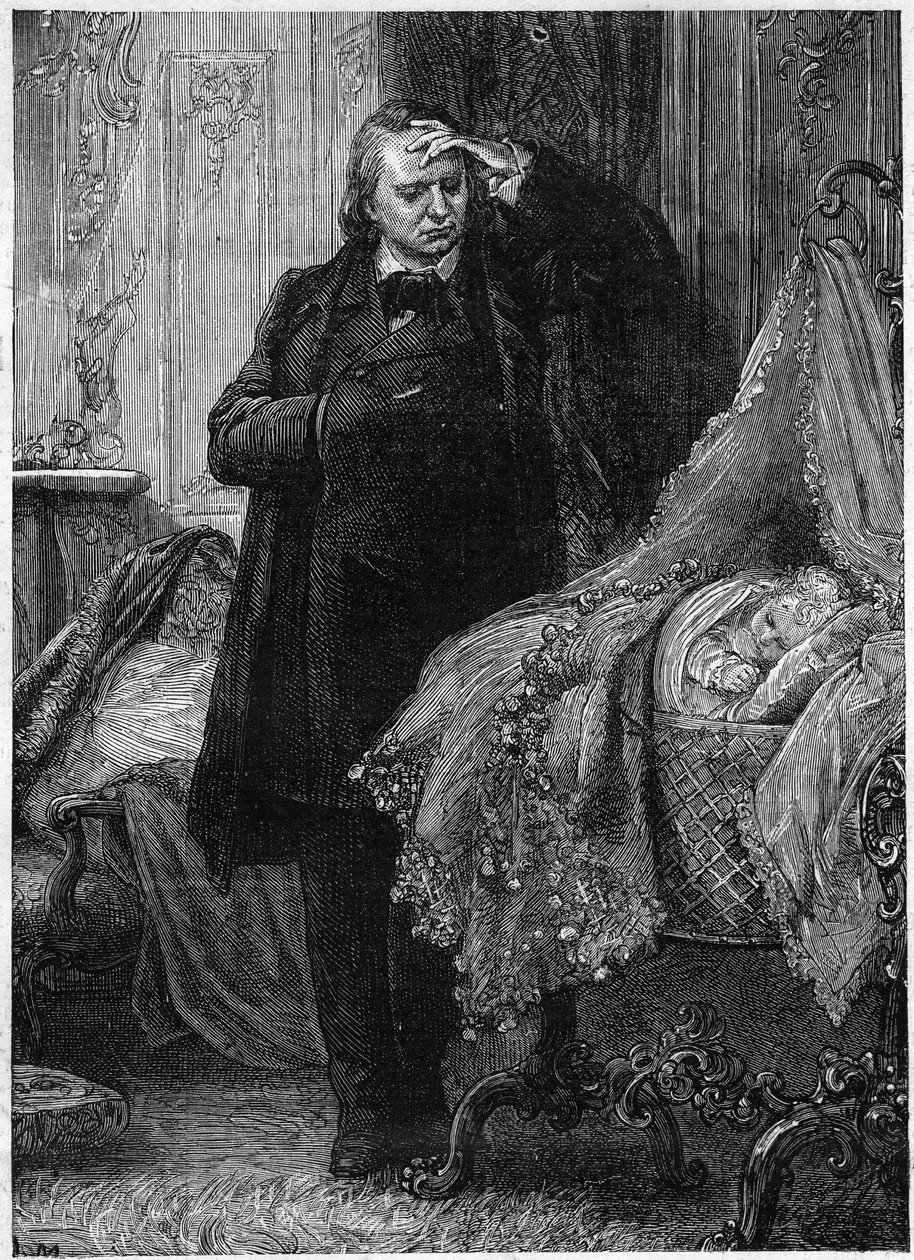 Victor Hugo observing a child sleeping in his crib. Illustration of 
