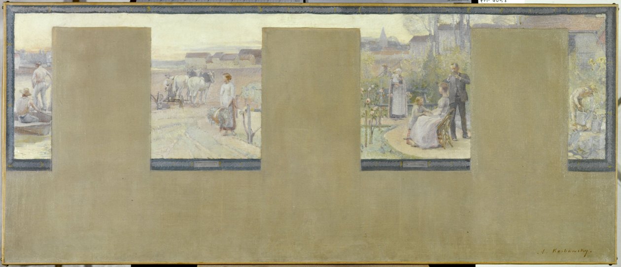 Sketch for the Town Hall of Nogent-sur-Marne: Boating - Plowing - Vacationing - Gardening, in 1889 by Adrien Karbowsky