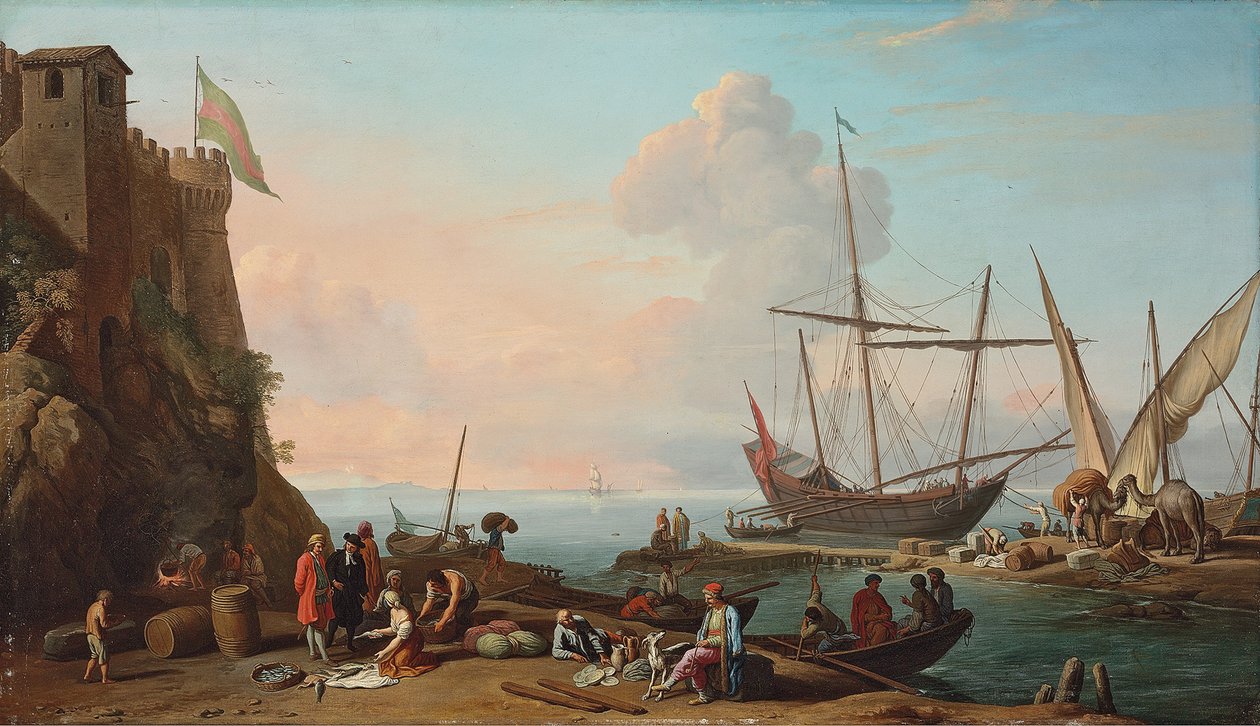 A Mediterranean Harbour with Stevedores Unloading Their Ships, Figures Selling Fish in the Foreground by a Fortress by Adrien Manglard