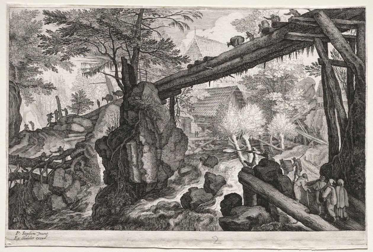 Eight Bohemian Landscapes: Landscape with Log Bridge over Cataract, c. 1610-1615 by Aegidius Sadeler or Saedeler
