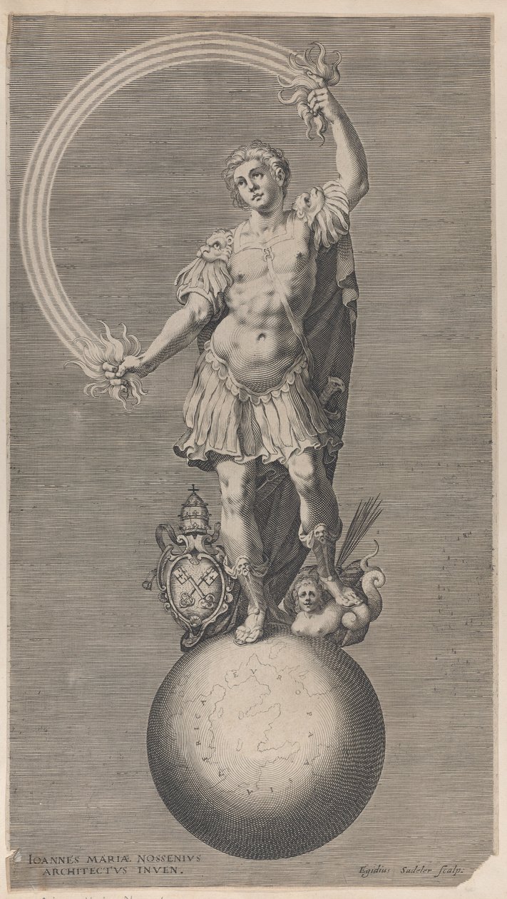 Allegorical figure of a warrior standing on a globe with the papal coat of arms, ca. 1588-1629 by Aegidius Sadeler II
