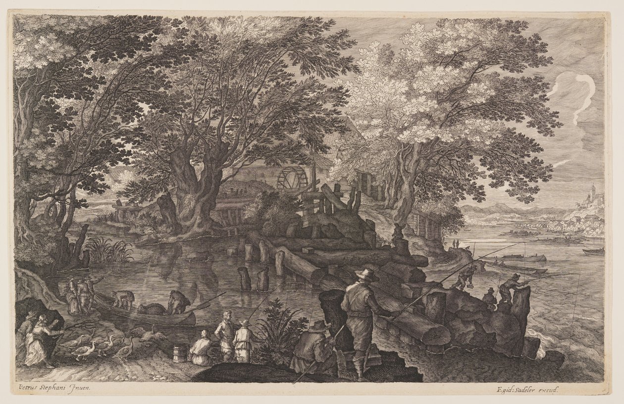 Scene One: Watermill on an Island in a River with Men Fishing, from Eight Scenes from Bohemia by Aegidius Sadeler II