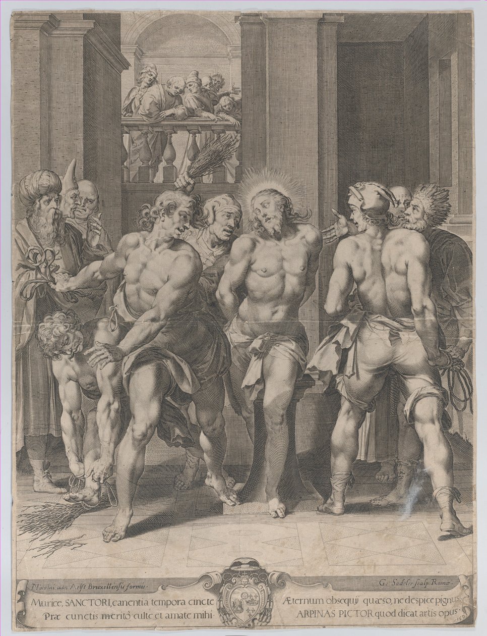 The Flagellation of Christ, with floggers on either side and figures watching from a balcony, 1593 by Aegidius Sadeler II