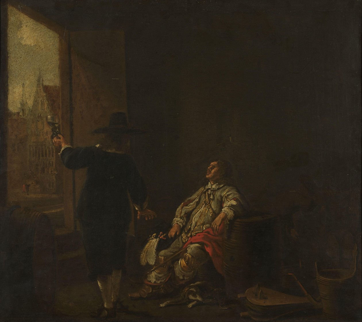 Signboard of a Wineshop, with Tasting the Wine on one side and Barreling the Wine on the other by Aelbert Cuyp (circle of)