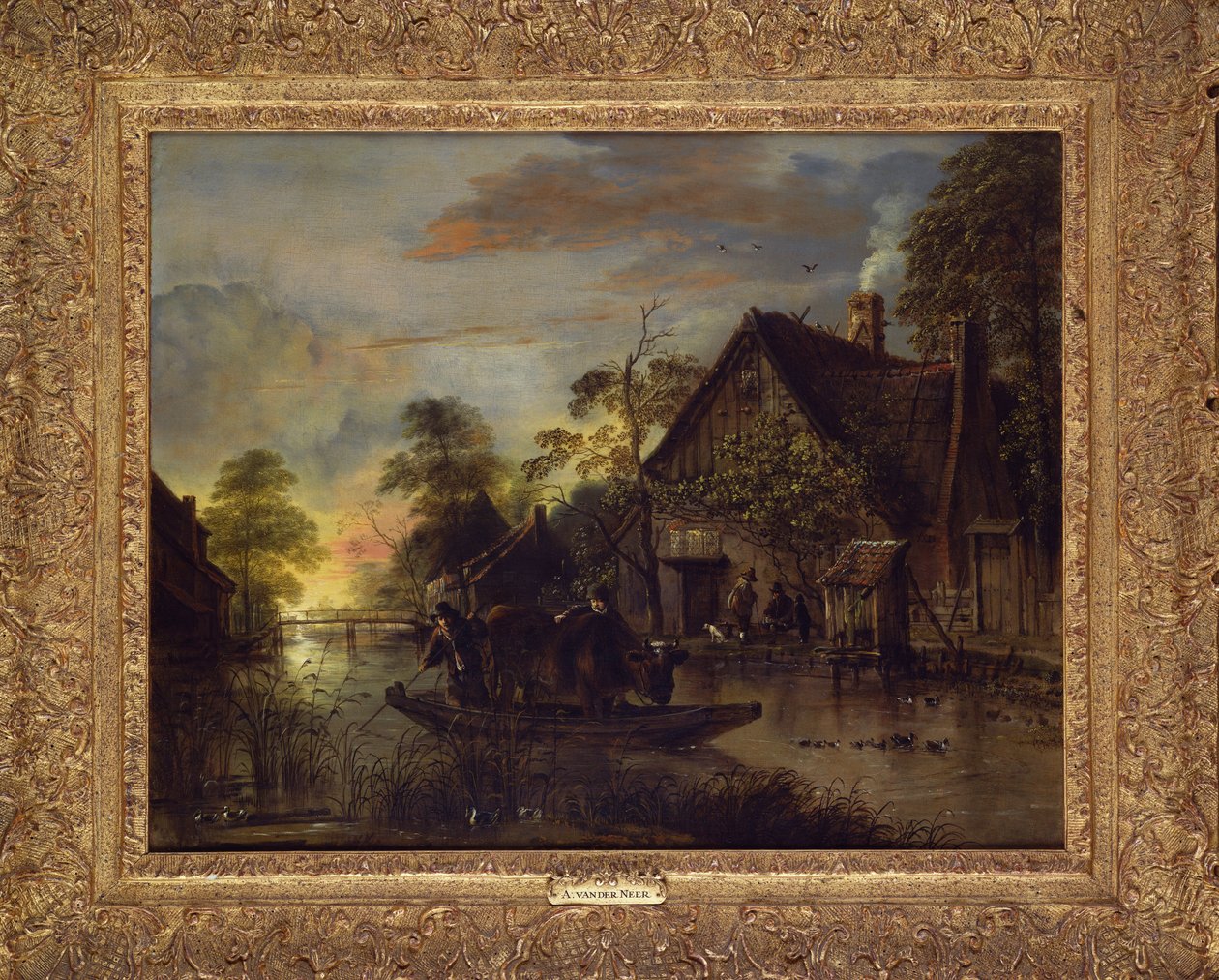 A River Landscape with Peasants Ferrying a Bull, Peasants by a Cottage Beyond by Aert van der Neer