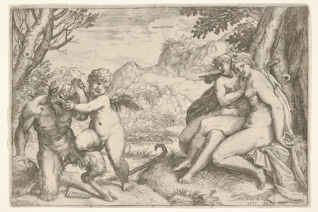 Love Conquers All, in a struggle with a satyr Amor places his right kn... by Agostino Carracci