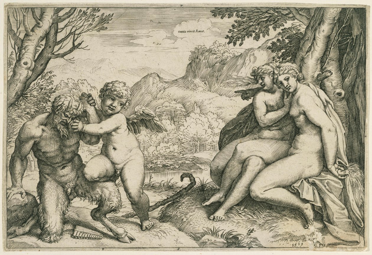 Omnia vincit Amor (Love Overwhelms Pan, Two Nymphs Under a Tree in a Landscape) by Agostino Carracci