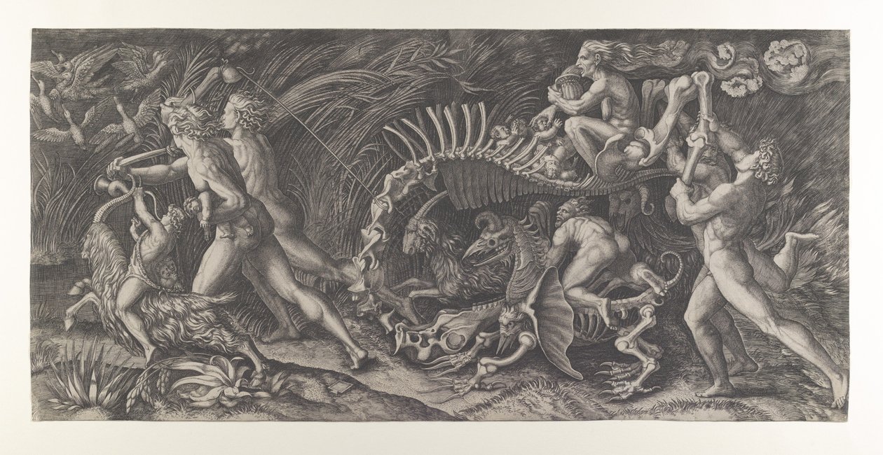 Lo Stregozzo: a female witch riding on an animal skeleton, preceded by ...