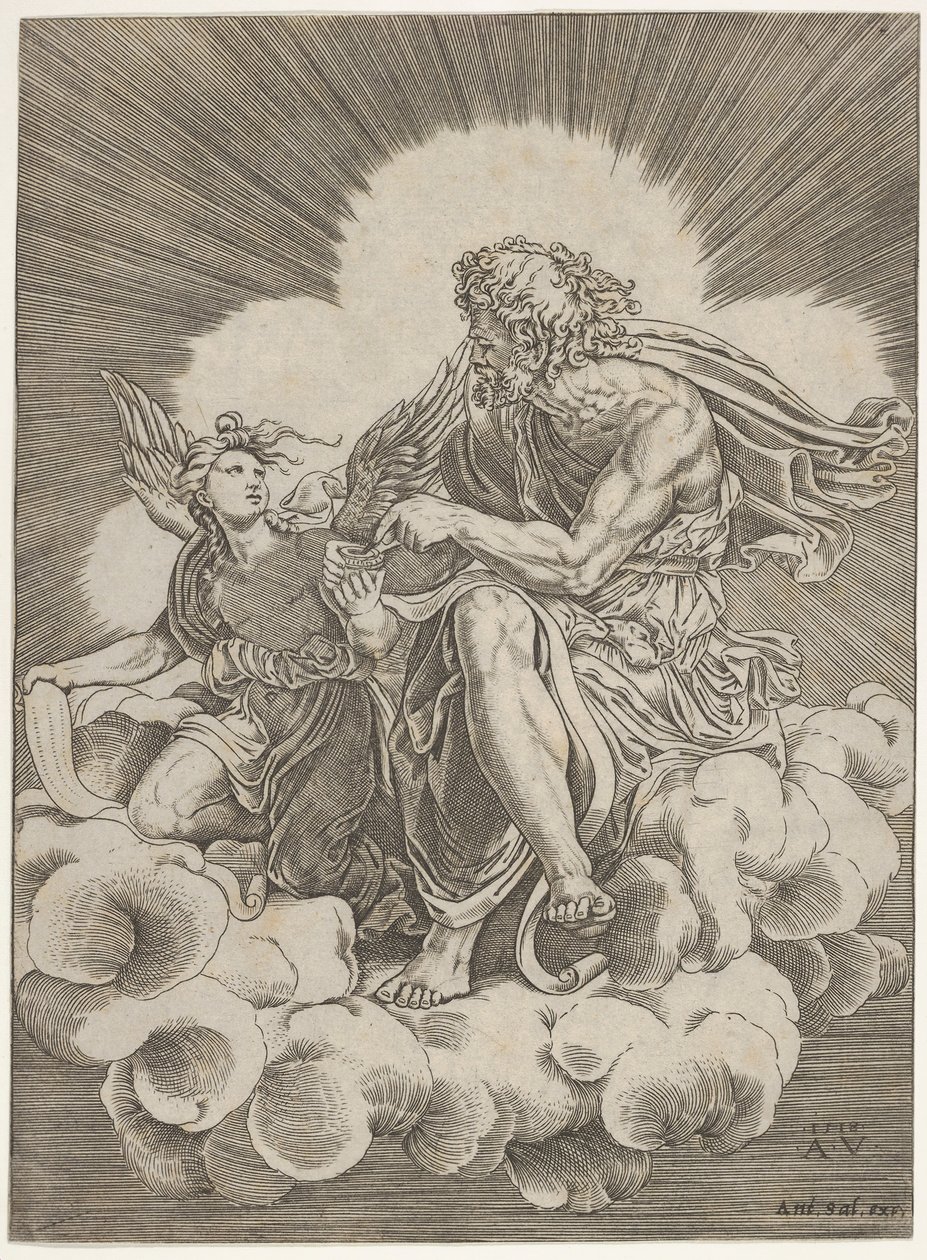 St. Matthew, Seated on a Cloud and Dipping a Quill into an Inkwell Held by an Angel..., ca. 1518-20 by Agostino Veneziano