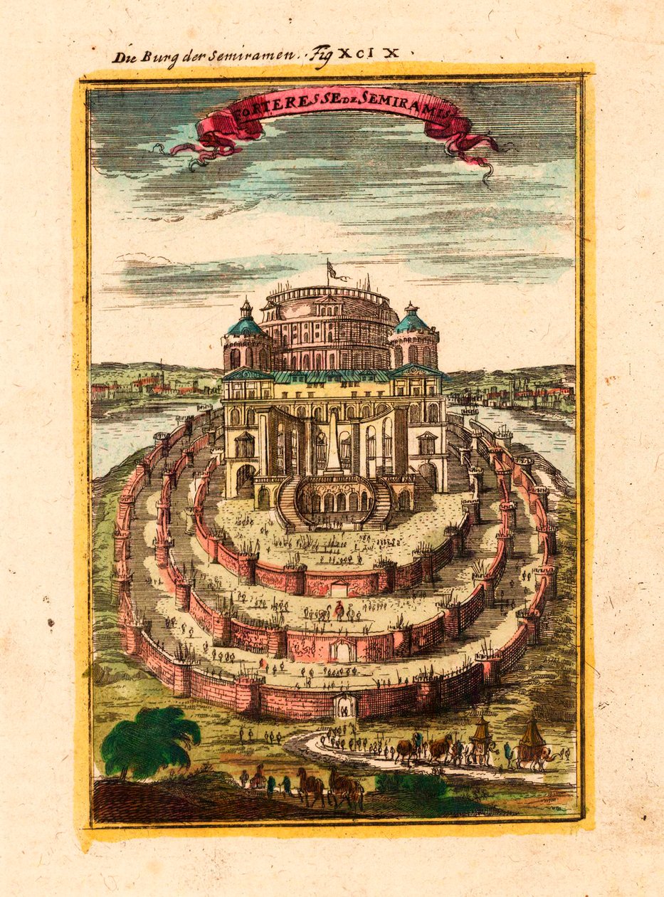 The Fortress and Hanging Gardens of the Legendary Queen Semiramis in Babylon - Fortress of Semiramis - Copper Engraving and Watercolour by Alain Manesson Mallet (1630-1706) by Alain Manesson Mallet