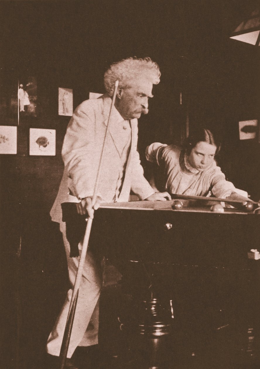 Mark Twain playing pool with the daughter of his biographer Albert Bigelow Paine by Albert Bigelow Paine