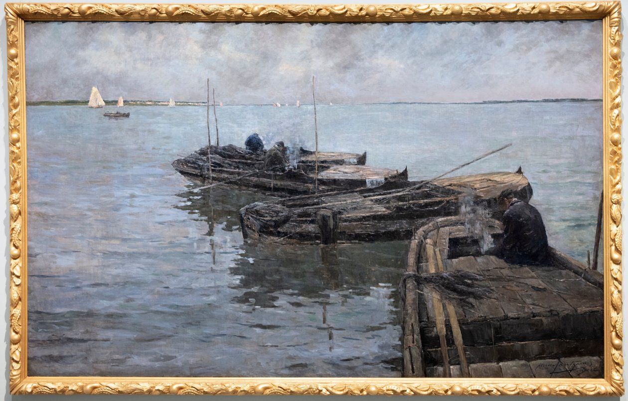 On the Lower Scheldt, Last Rays, Fishermen Moored by Albert Baertsoen