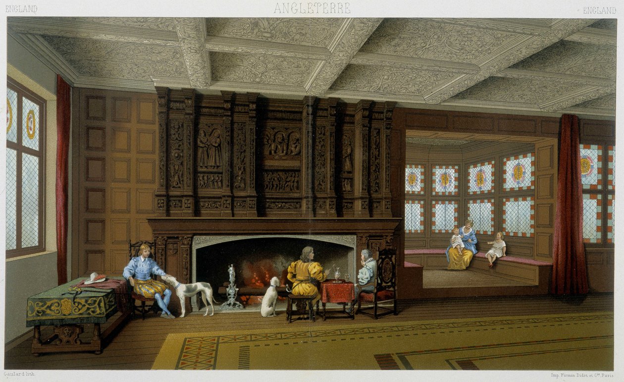 English Lord and His Family in His 17th Century Home. Chromolithographic Plate - in 