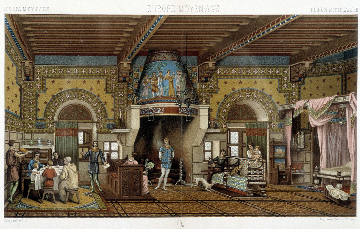 Interior of a stately mansion in the Middle Ages - in The historical costume by Racinet by Albert Charles August Racinet
