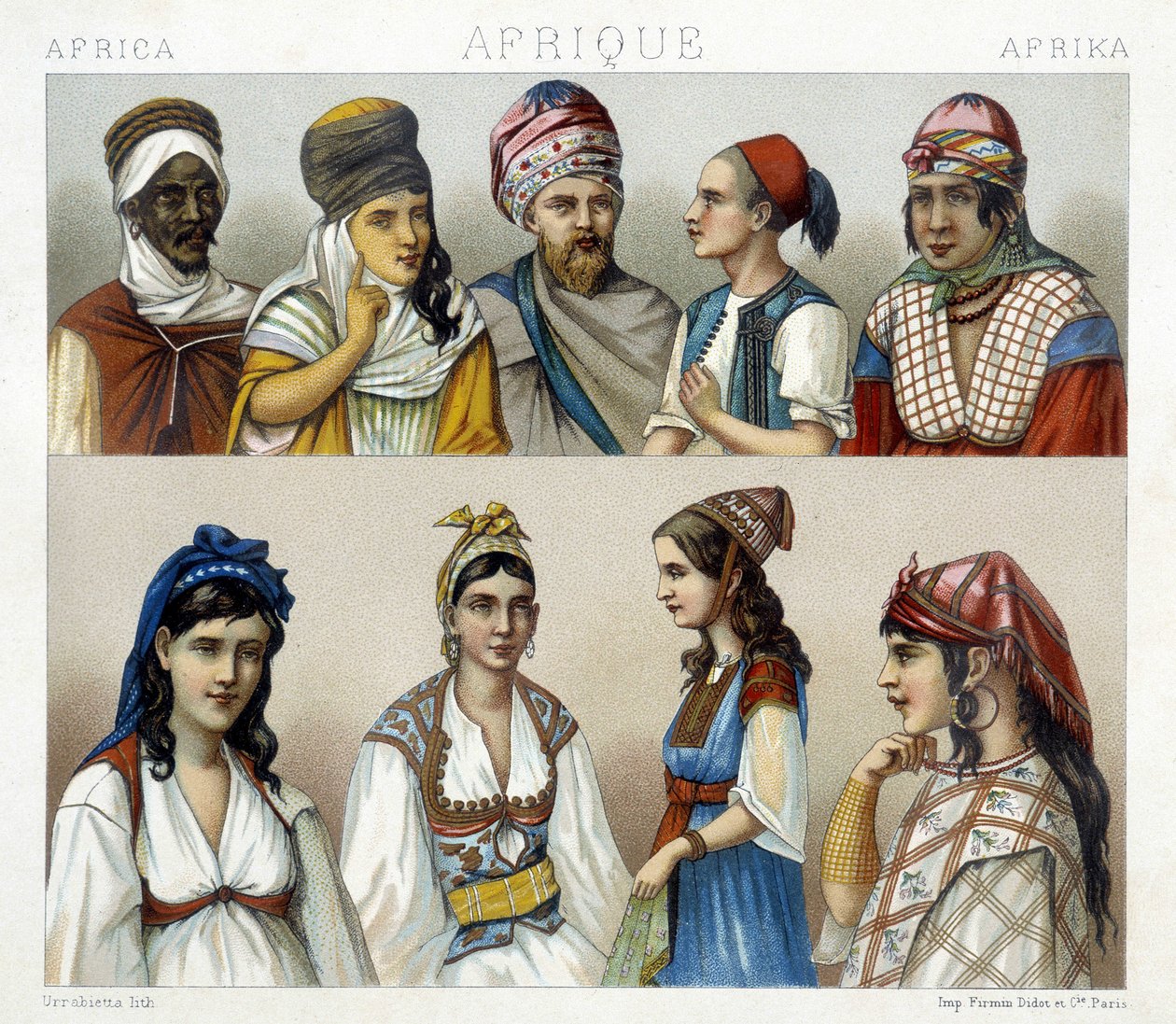 Traditional costumes and headdresses of men and women in Algeria. Illustration in 