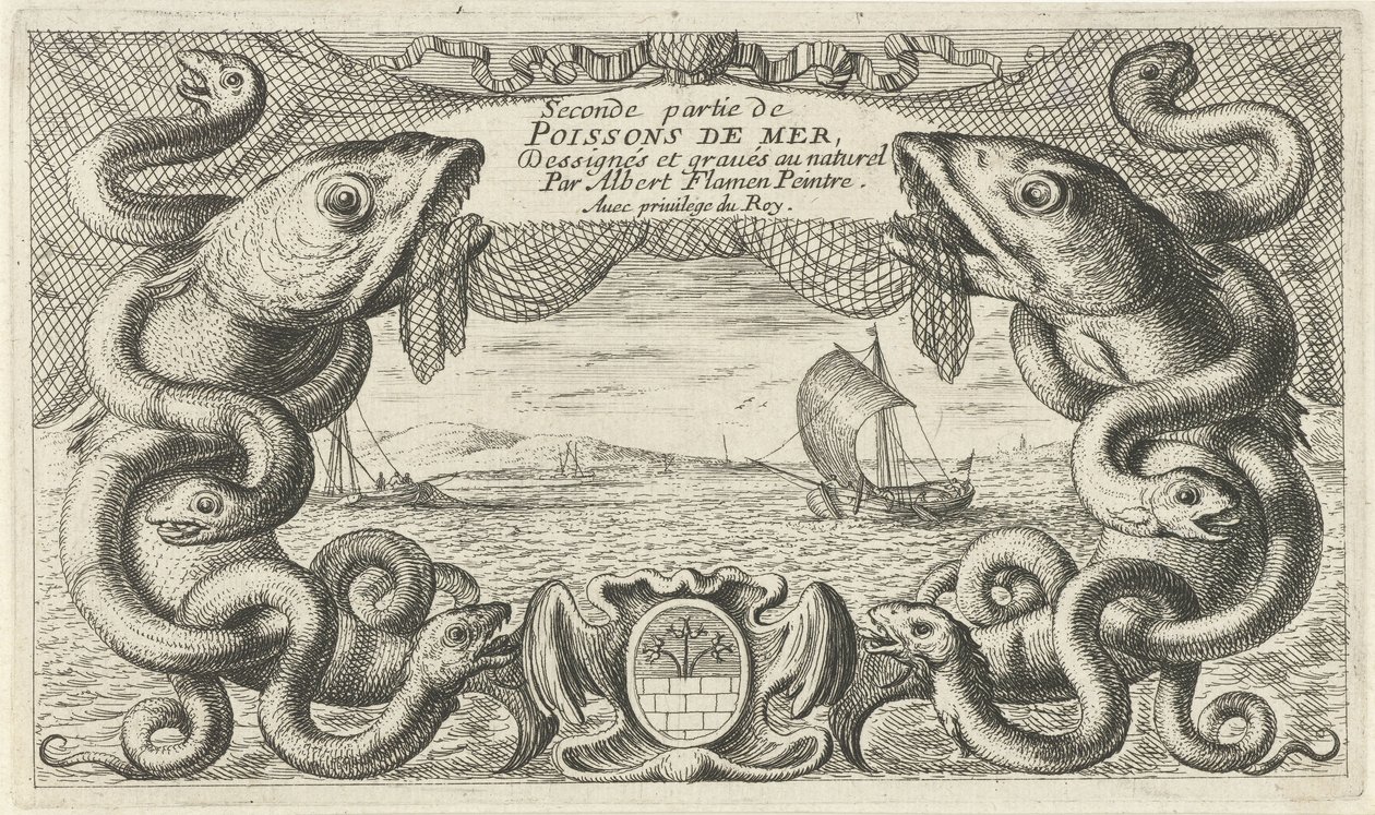 Seascape with Sea Creatures and a Fishing Net (series title: Fish and Other Sea Creatures - Saltwater Second Series) by Albert Flamen