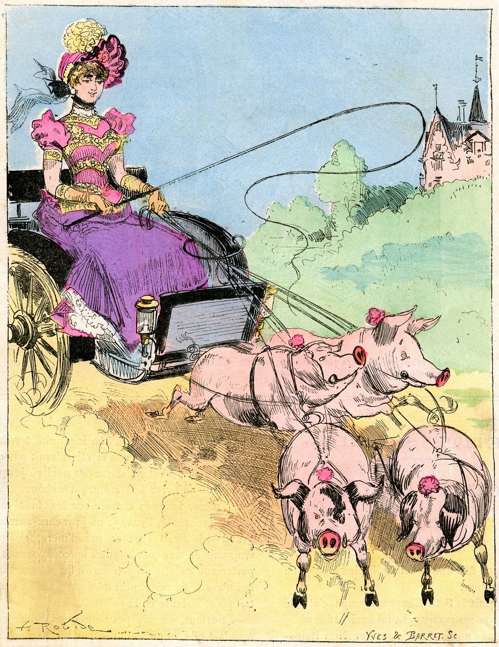 Drawing by Albert Robida on cover of the Comique World n°296 - New very elegant hitch for small outings in the countryside - Young woman driving a pigs