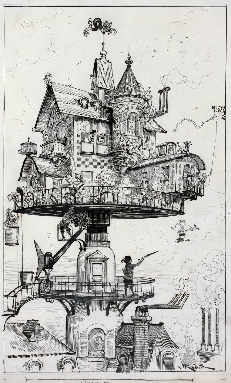 Drawing Shows a Dwelling Structure Elevated Above Rooftops and Designed to Revolve and Adjust in Various Directions, Drawing by Albert Robida by Albert Robida