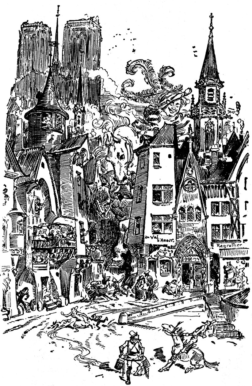 Giant Gargantua walks through Paris, sowing panic and destruction by Albert Robida