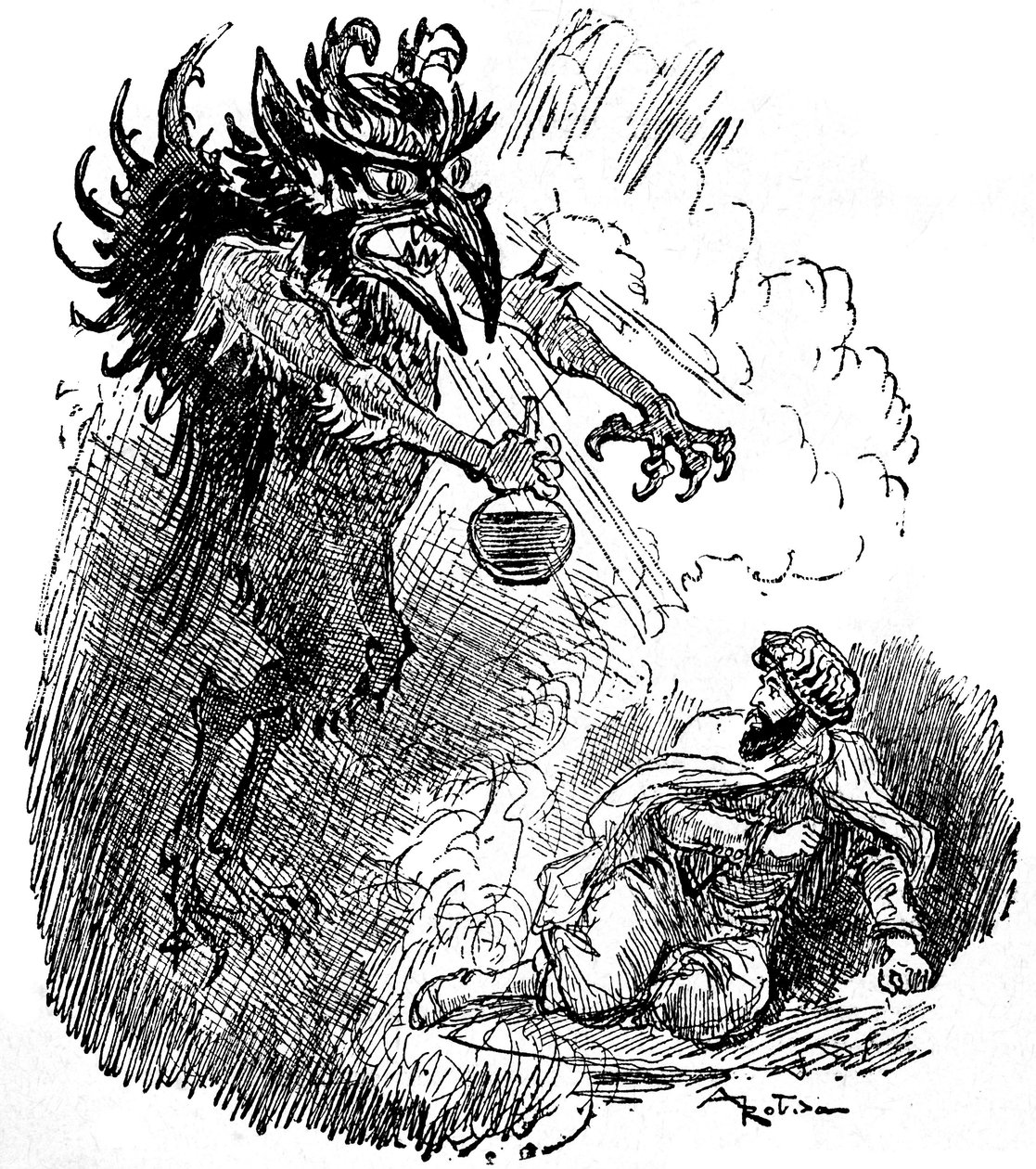 Illustration by Albert Robida of an Arab legend (1001 nights): a horrible demon presents a man with a bottle of wine. engraving of the book “Choix de lectures” Armand Colin 1926 by Albert Robida